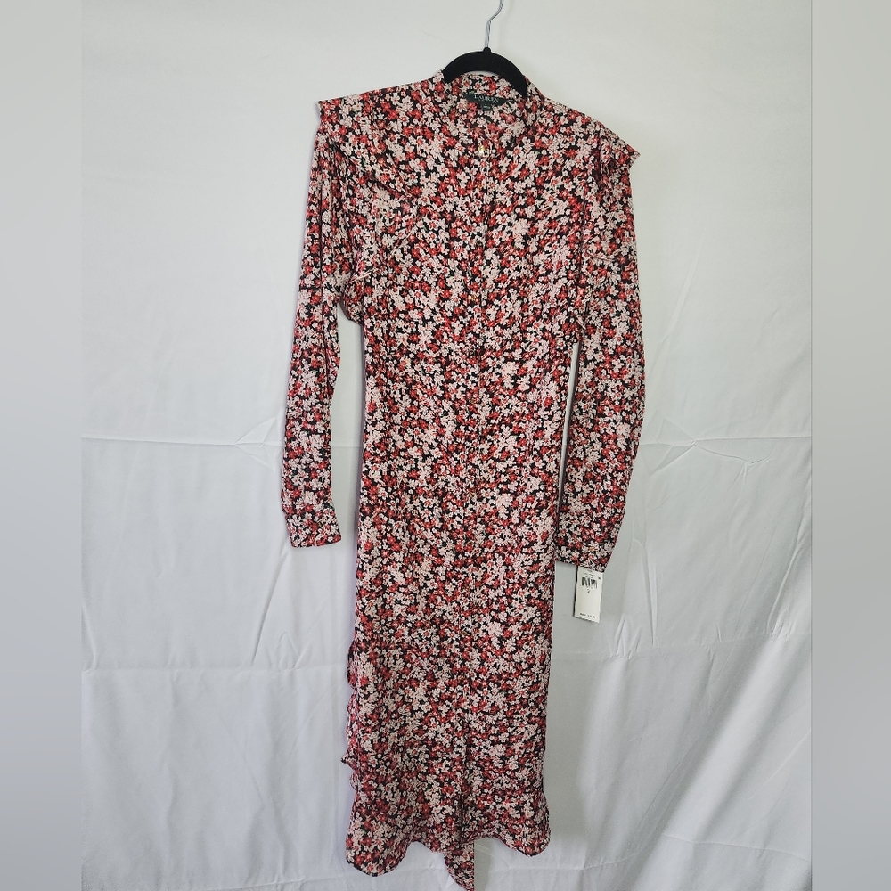 NWT Lauren Ralph Lauren Red Floral Cottage Button Up Maxi Long Dress Size 8